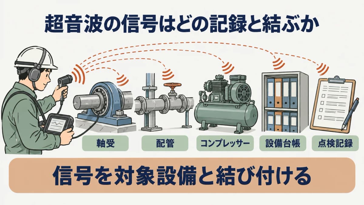 超音波診断の記録を示す図。軸受、配管、コンプレッサーの信号を設備台帳と点検記録に結ぶ構成