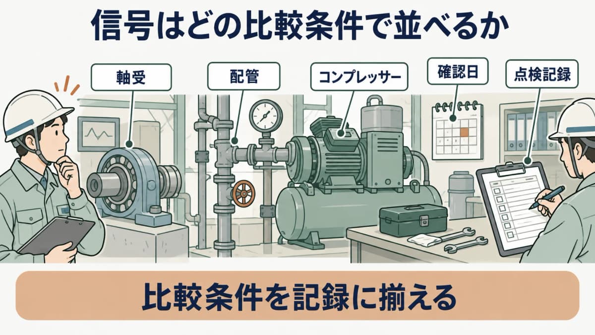 比較条件を示す図。軸受、配管、コンプレッサーの信号を確認日と点検記録の列で並べる構成
