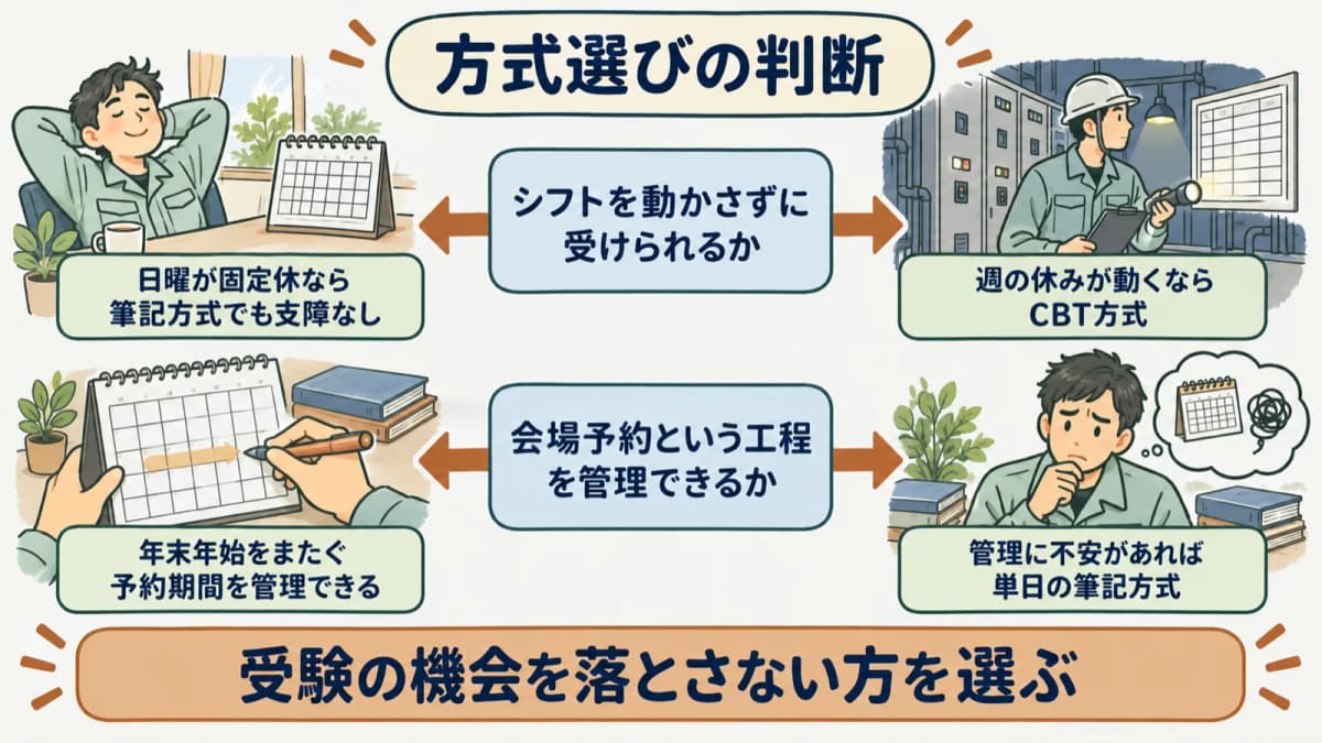 方式選択の判断フロー図。シフトの固定度と予約管理の可否から、CBT方式と筆記方式のどちらが向くかを分岐させる