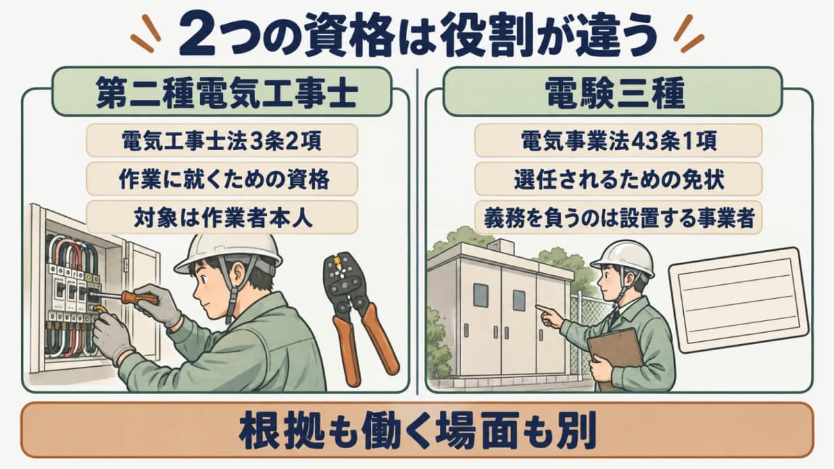 電気工事士と電気主任技術者の役割の違いを示す図。電気工事士法は作業者への従事制限、電気事業法は事業者への選任義務であることを対比する