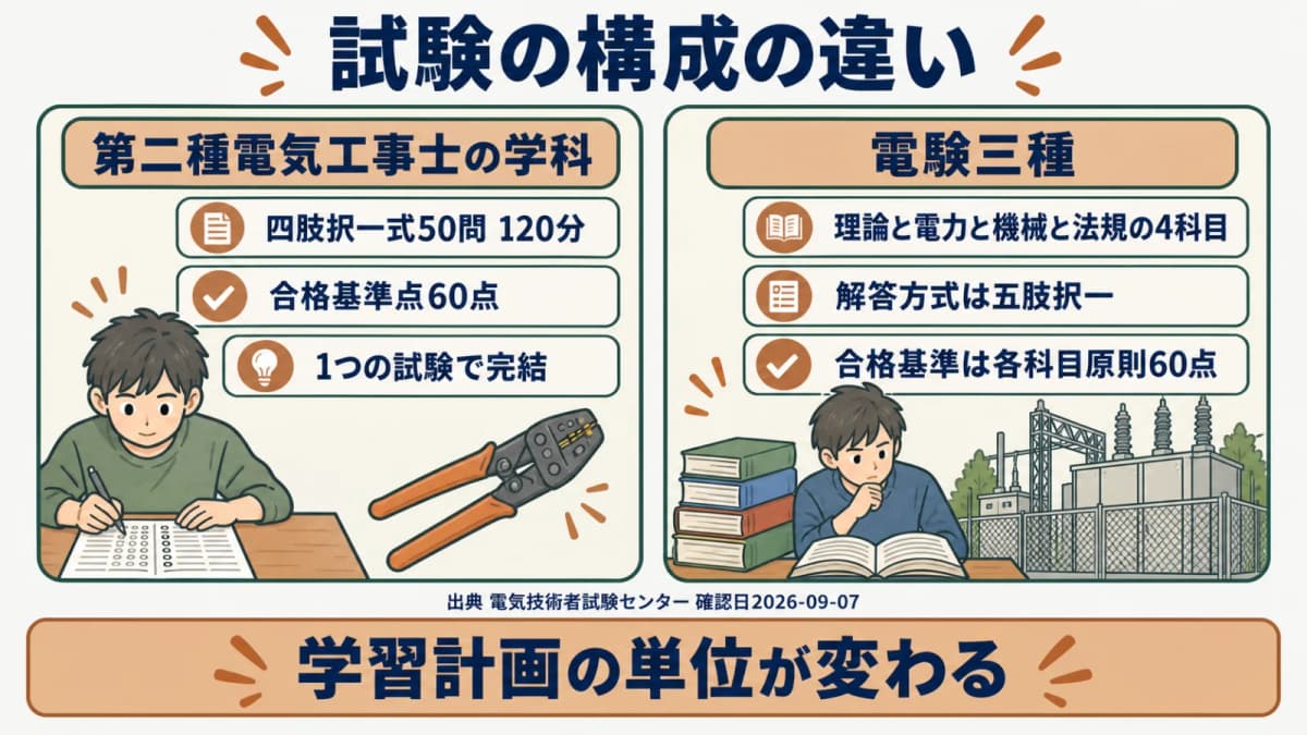 第二種電気工事士学科試験と電験三種の試験構成の比較図。四肢択一50問120分の単一試験と、4科目に分かれた五肢択一の構成を対比する