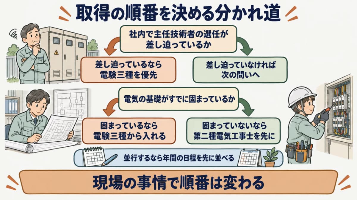 取得順の判断フロー図。社内の選任課題の有無、電気の基礎の有無から、二種電工先行・電験先行・並行のいずれが向くかを分岐させる