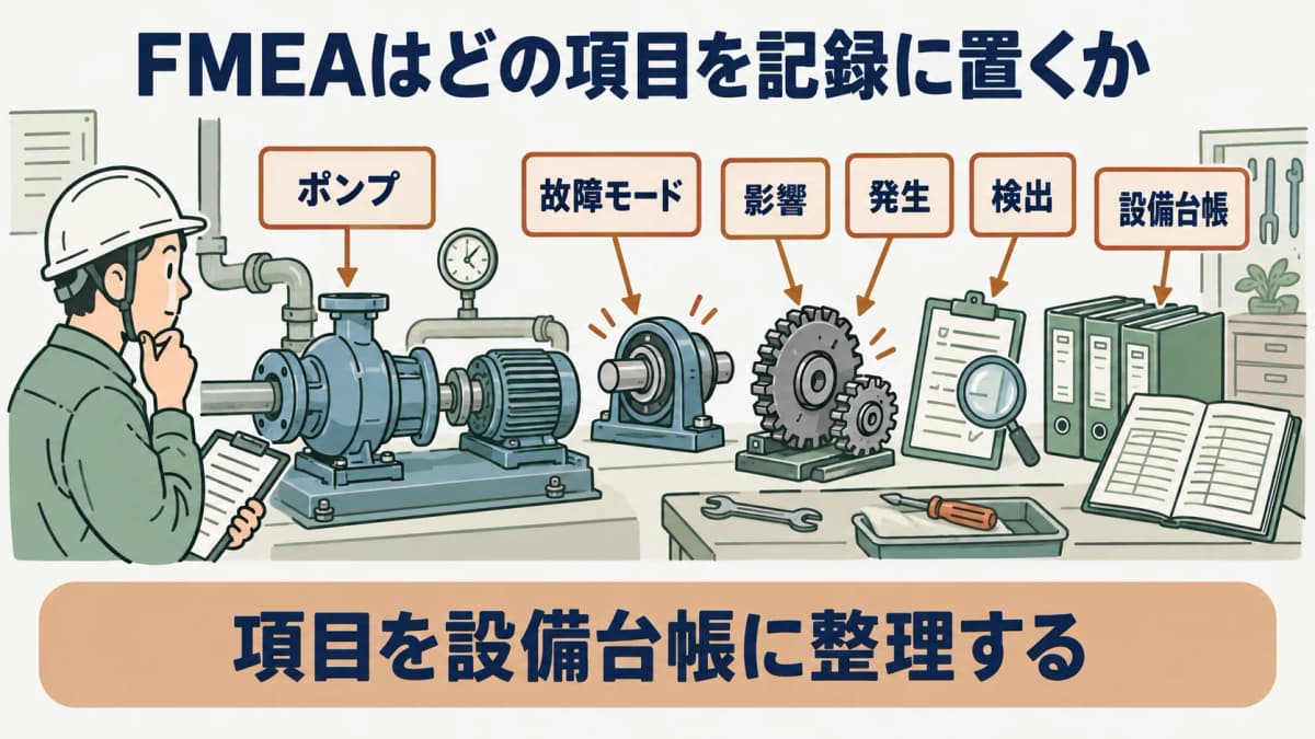 FMEAの記録構成を示す図。ポンプ、軸受、歯車の故障モード、影響、発生、検出を設備台帳に整理する構成