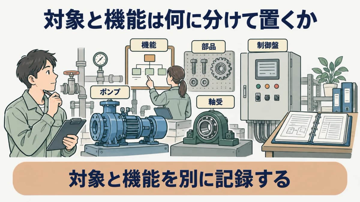 対象と機能を示す図。ポンプ、軸受、歯車、制御盤を設備台帳の機能と部品に分ける構成