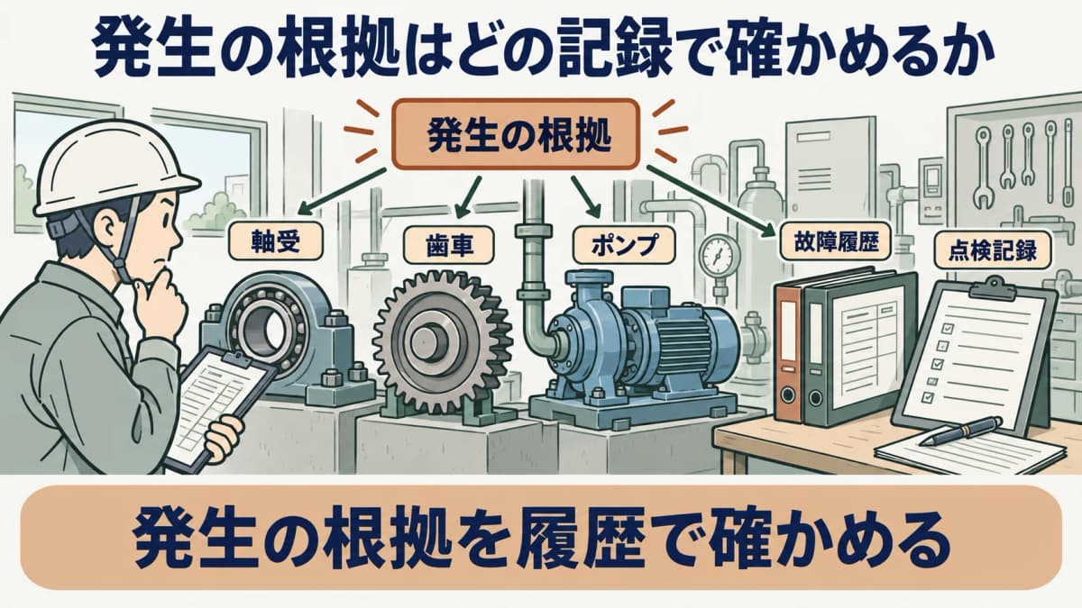 発生の根拠を示す図。軸受、歯車、ポンプの故障履歴と点検記録をFMEAの発生欄に結ぶ構成