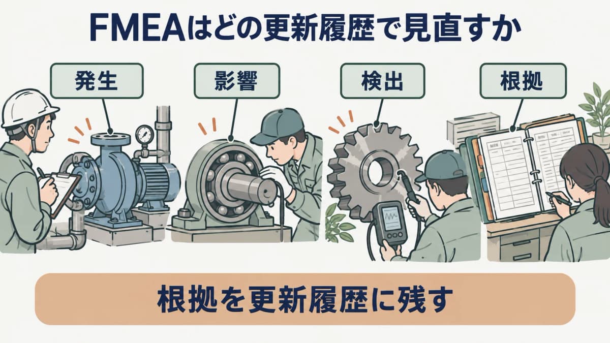 FMEAの更新を示す図。ポンプ、軸受、歯車の記録を発生、影響、検出、根拠の更新履歴に分ける構成