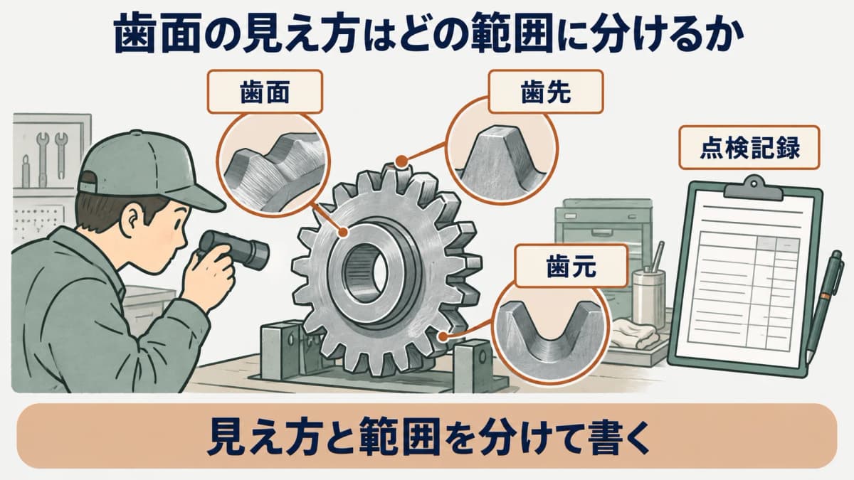 歯面の観察を示す図。歯車の歯面、歯先、歯元の見え方と範囲を点検記録に分ける構成