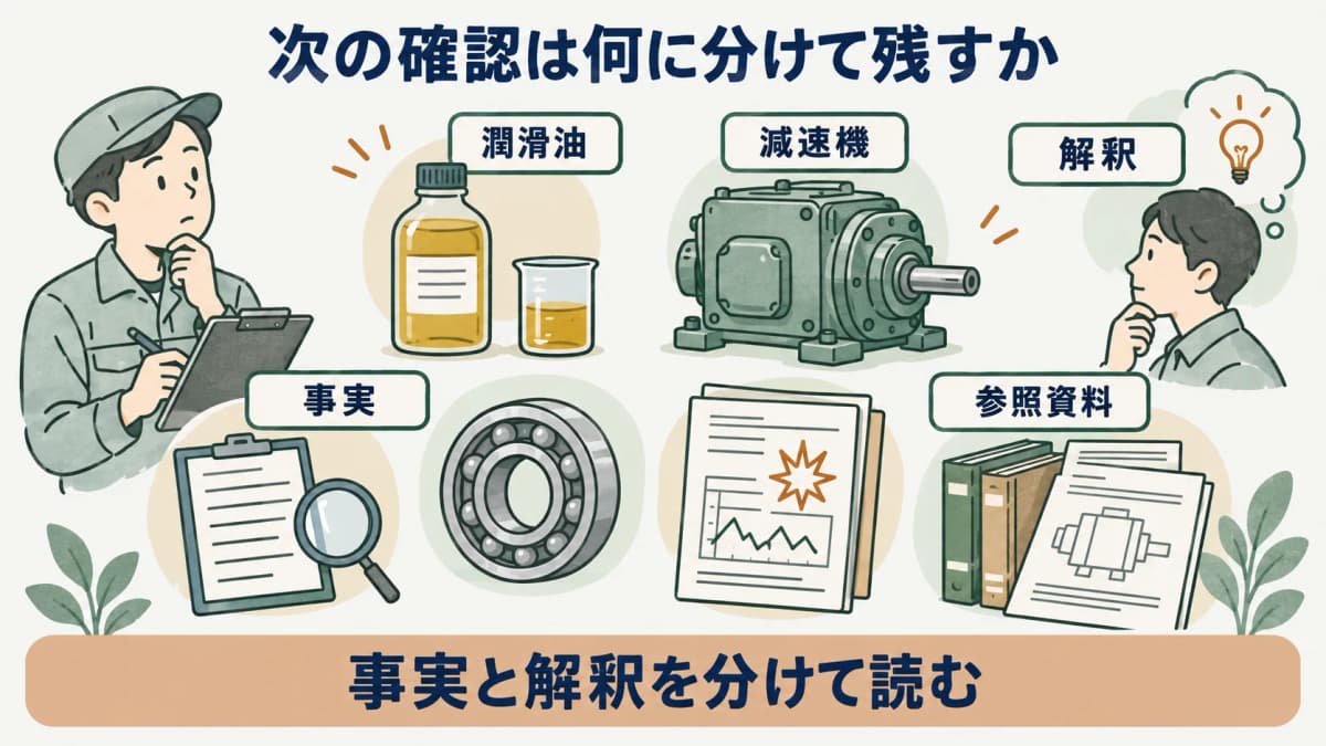次の確認を示す図。潤滑油、減速機、軸受の履歴を事実、解釈、参照資料に分ける構成