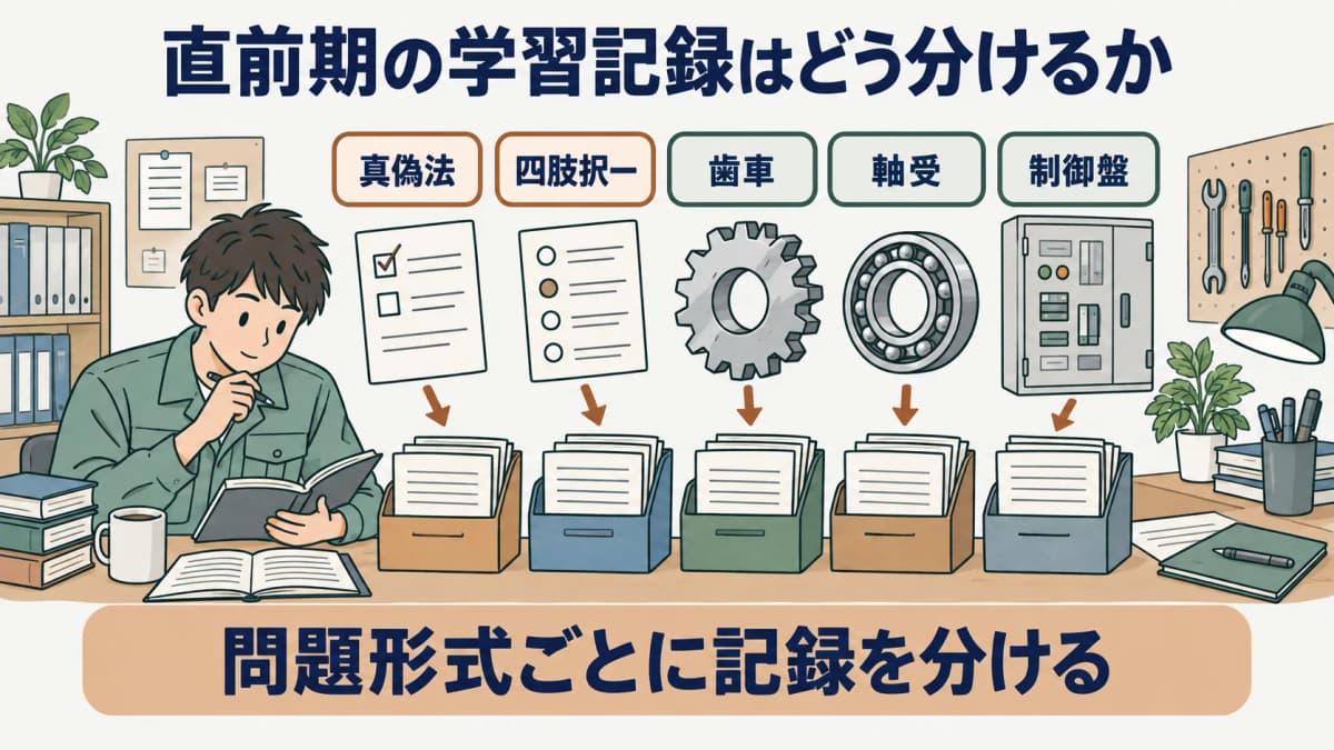 直前期の見直しを示す図。歯車、軸受、制御盤の学習記録を真偽法と四肢択一の観点で分ける構成