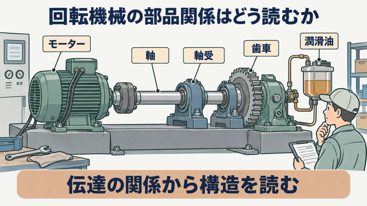 回転機械の構造を示す図。モーター、軸、軸受、歯車、潤滑油の関係を設備台帳に整理する構成