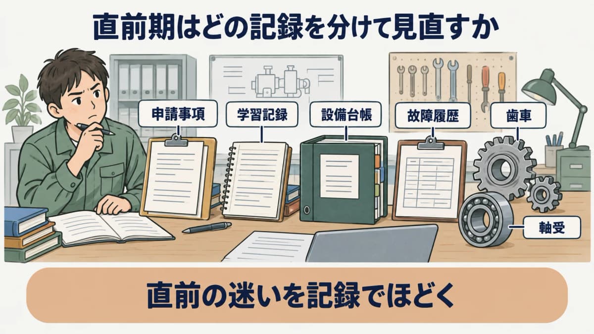 直前期の整理を示す図。設備台帳、故障履歴、歯車と軸受の記録を迷いの印で見直す構成