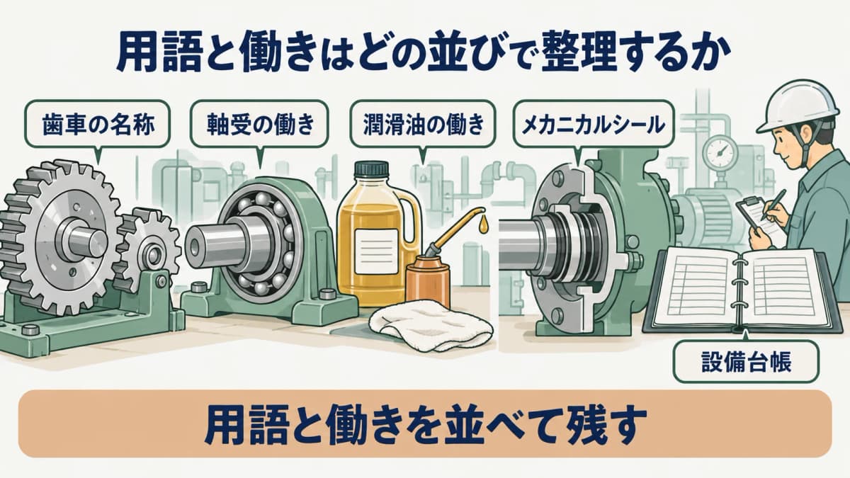 用語と働きの整理を示す図。歯車、軸受、潤滑油、メカニカルシールを設備台帳の二列に記録する構成
