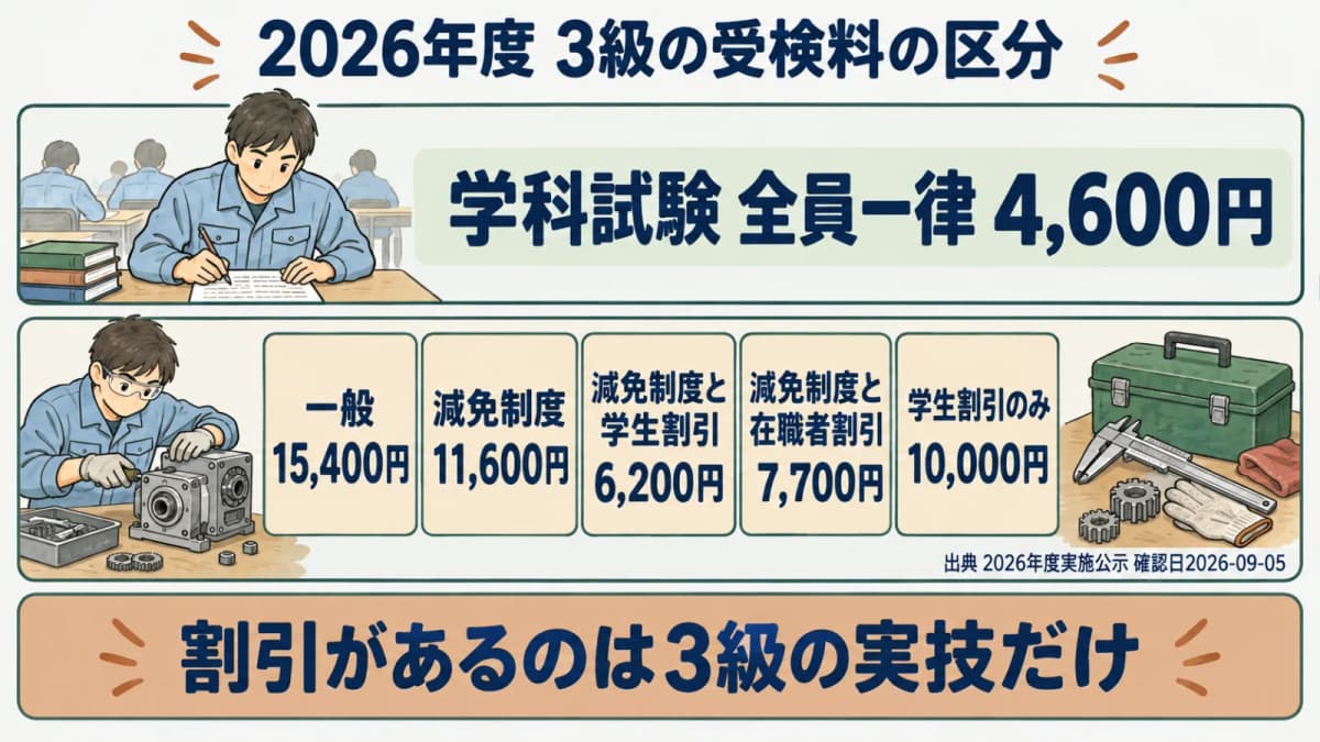 3級の受検料の全体像を示す図。学科は全員一律、実技は減免制度と割引の組み合わせで5パターンに分かれることを表す