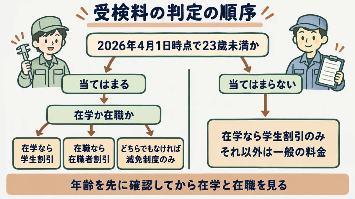 受検料の判定フロー図。基準日時点で23歳未満かを確認し、23歳未満なら在学か在職かで学生割引・在職者割引・減免制度のみに分かれ、23歳以上は在学なら学生割引のみ・それ以外は一般の料金になる順序を示す