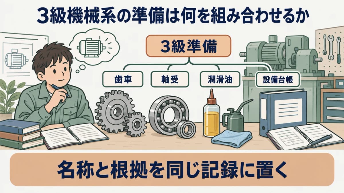 3級・機械系実技の準備を示す図。歯車、軸受、潤滑油を見比べながら判断根拠を設備台帳に残す流れ