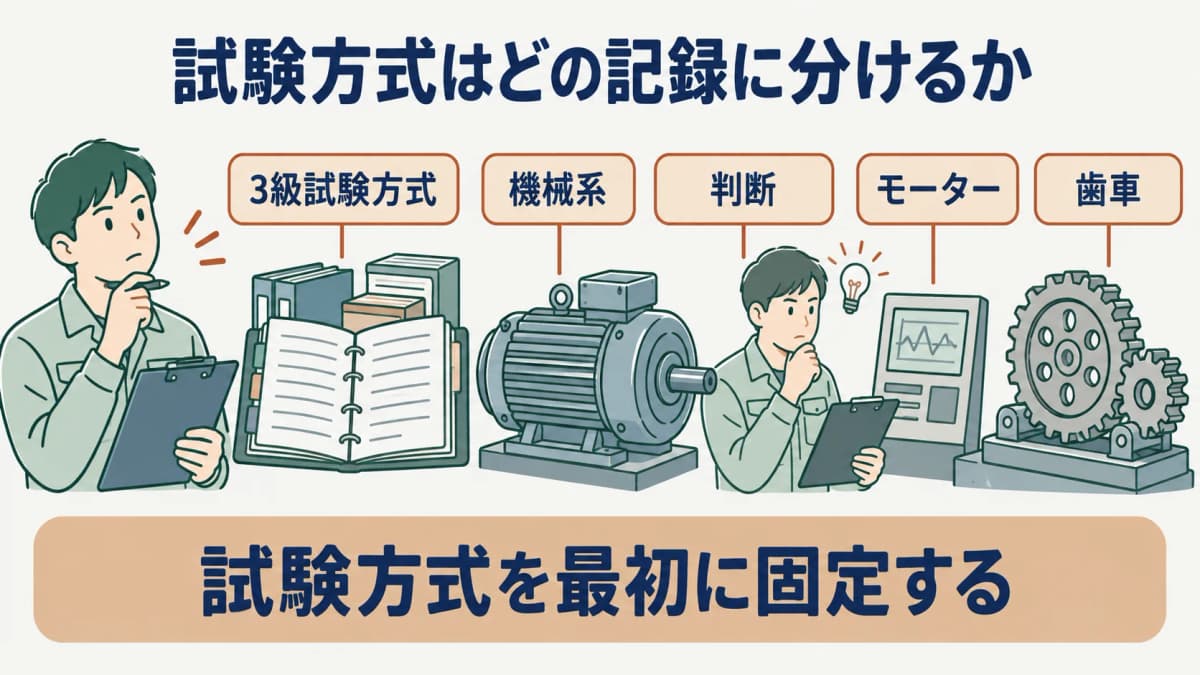 試験方式の確認を示す図。設備台帳の見出しに3級、機械系、判断等を整理し、モーターと歯車を並べる構成