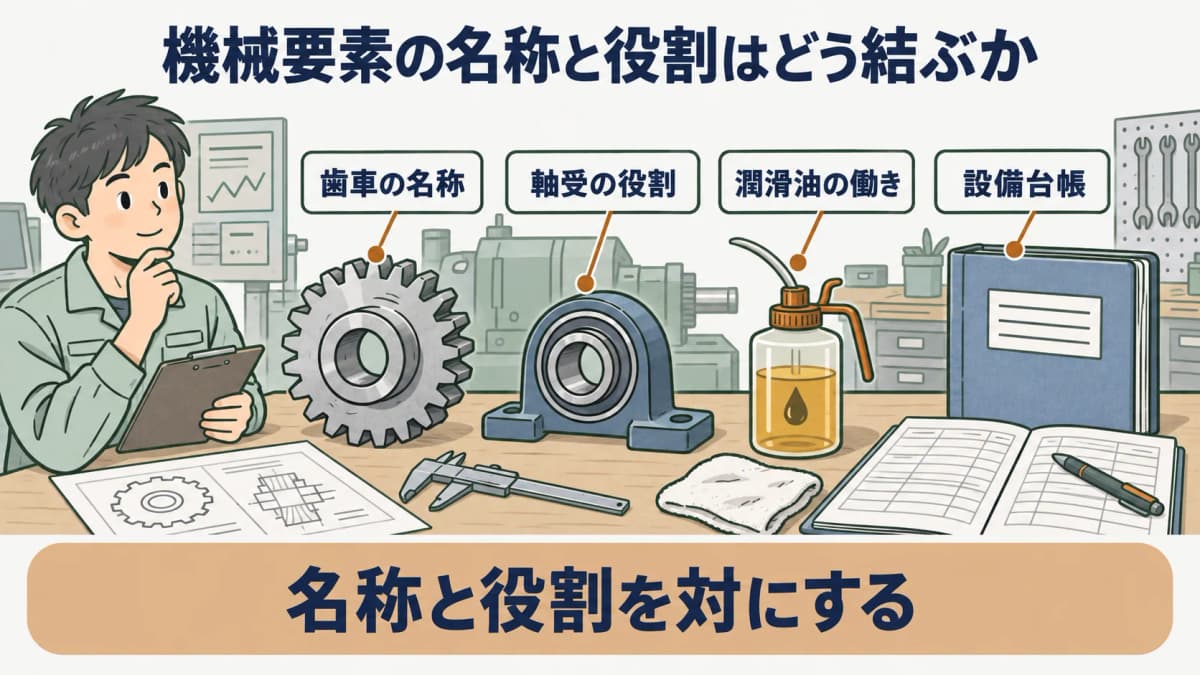機械要素の整理を示す図。歯車、軸受、潤滑油を名称と役割の組で設備台帳に記録する構成