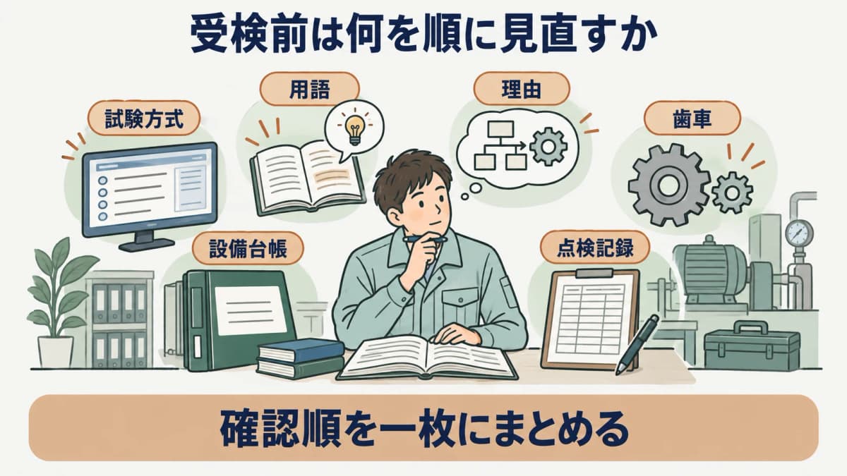 受検前の見直しを示す図。設備台帳、点検記録、歯車の図を試験方式、用語、理由の順に確認する構成