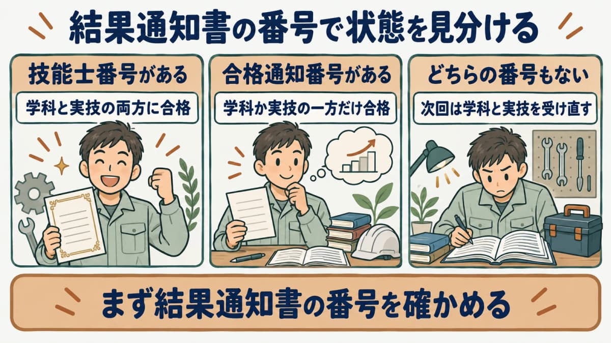 結果通知書の番号による状態の分岐図。技能士番号なら合格、合格通知番号なら一部合格、番号なしなら両方再受検であることを示す