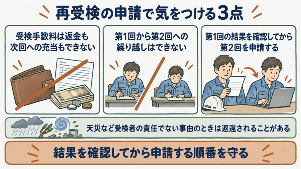 再受検申請の注意点を示す図。返金・充当不可、回をまたぐ繰越不可、第1回の結果確認後に第2回を申請するという3点を表す