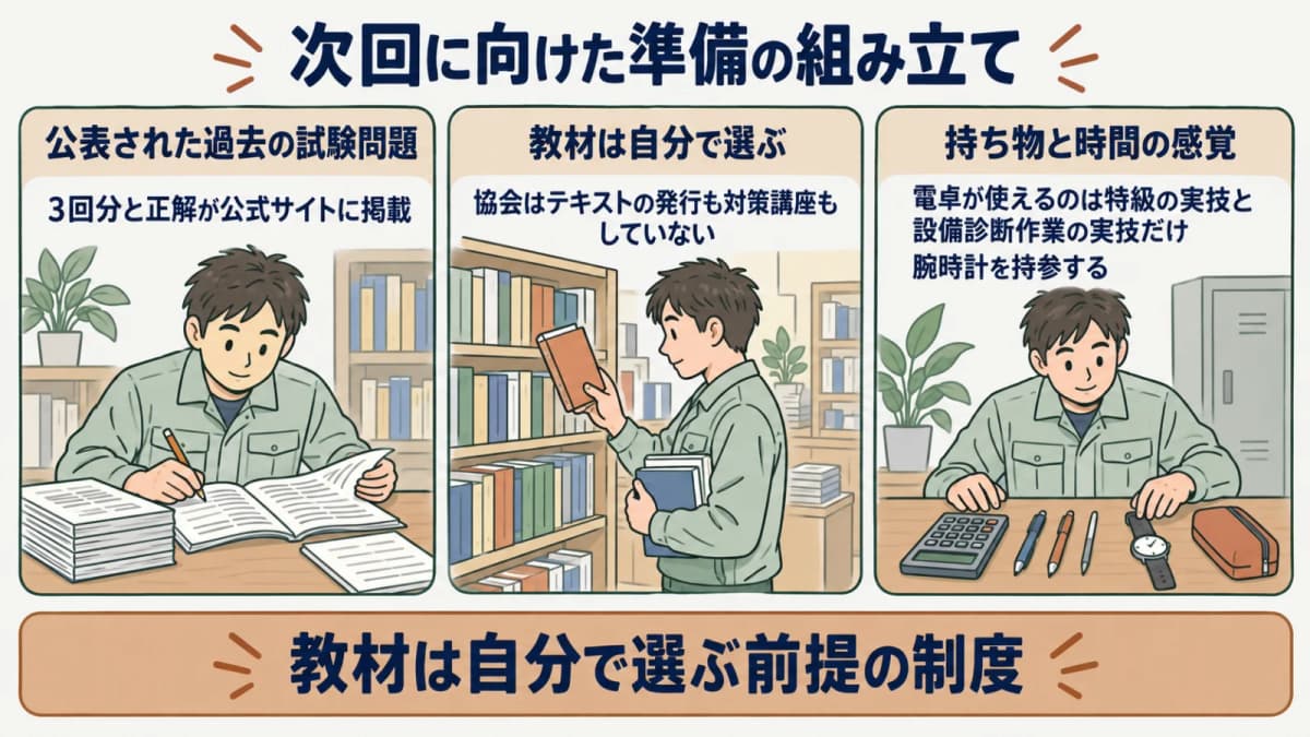 次回に向けた準備の組み立て図。公表過去問3回分の活用、教材の自己選択、持ち物と時間感覚の確認という3本立てを示す