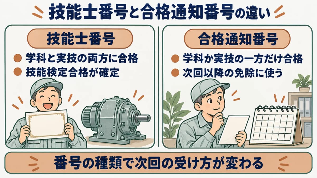 技能士番号と合格通知番号の違いを示す図。両方合格なら技能士番号、片方合格なら合格通知番号が通知され、後者は次回の免除に使えることを表す