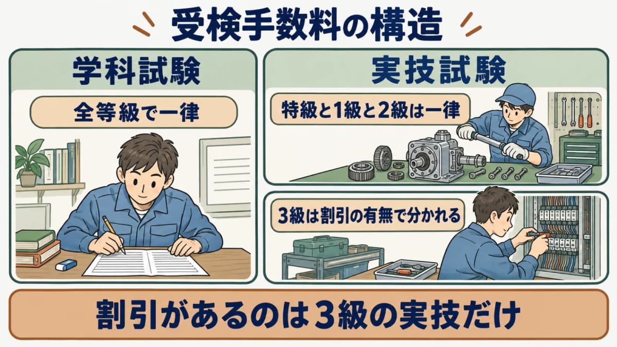 受検手数料の構造図。学科は全等級一律、実技は等級と割引の有無で金額が分かれることを表す