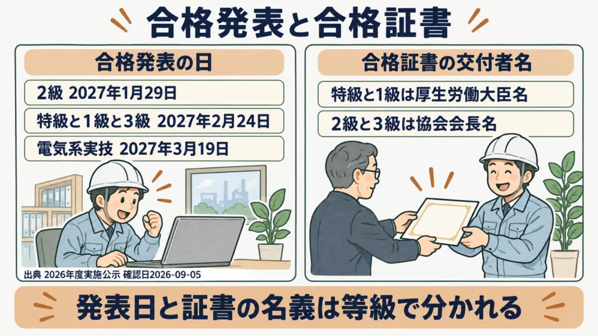 合格発表と合格証書の流れ図。等級・区分ごとに3段階に分かれる発表日と、交付者名が特級・1級と2級・3級で異なることを示す