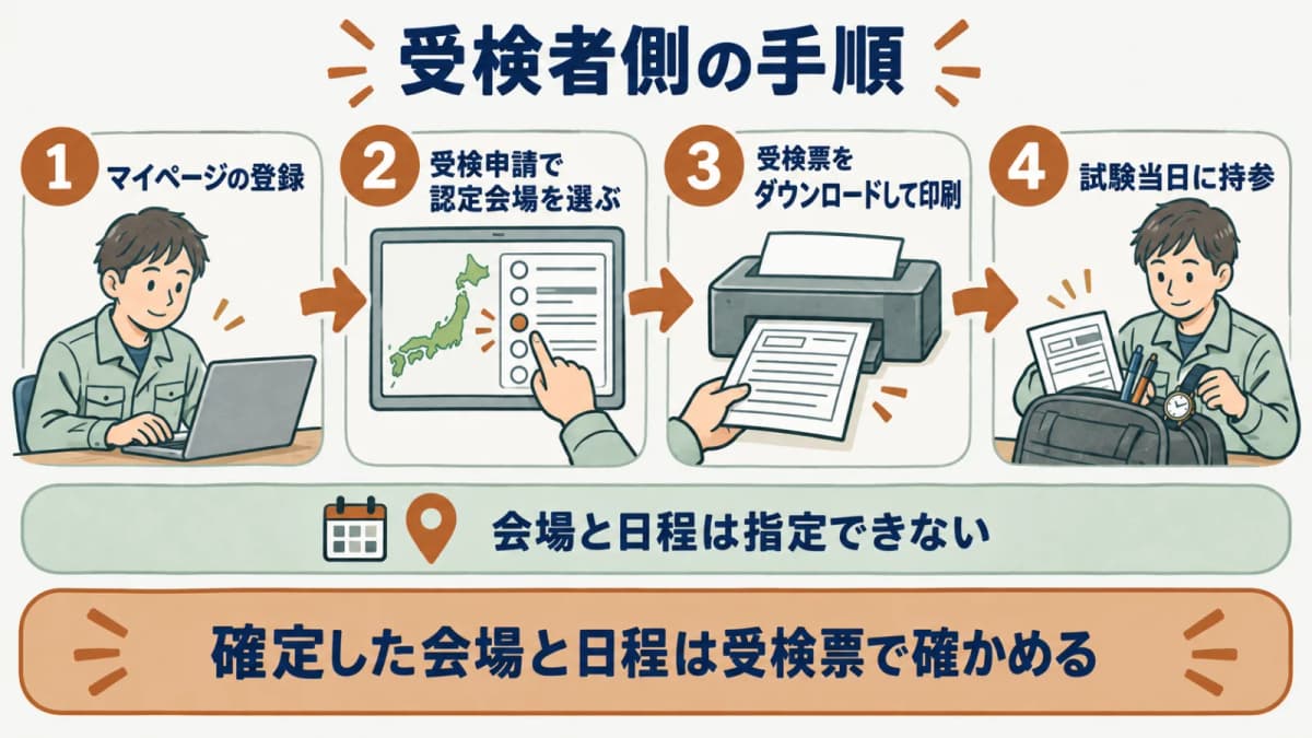受検者側の手順を示す図。マイページ登録、受検申請で認定会場を選択、受検票をダウンロードして印刷、当日持参という流れを表す