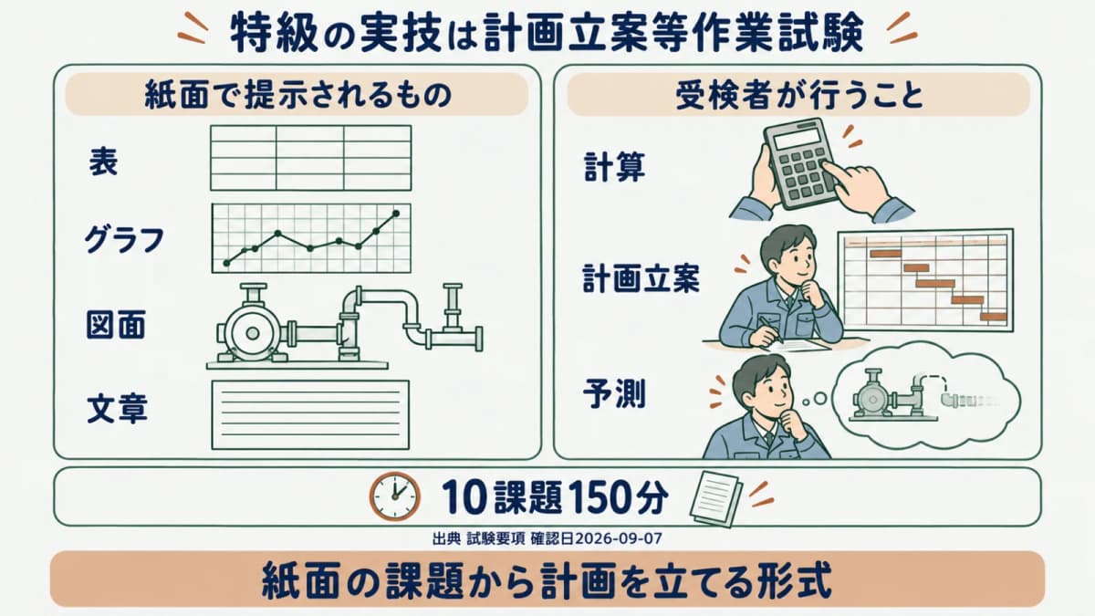 特級の実技試験の構造図。表・グラフ・図面・文章で課題が提示され、計算・計画立案・予測を行う10課題150分の構成を示す