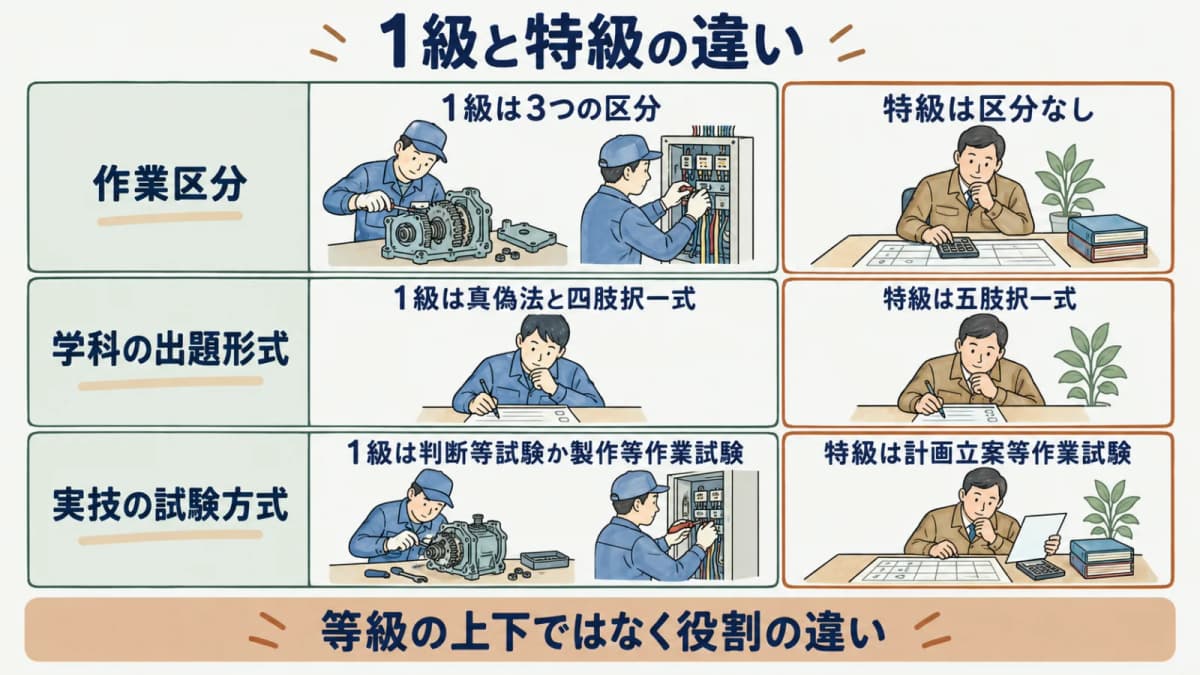 1級と特級の違いを示す対比図。作業区分の有無、学科の出題形式、実技の試験方式の3点で分かれることを表す