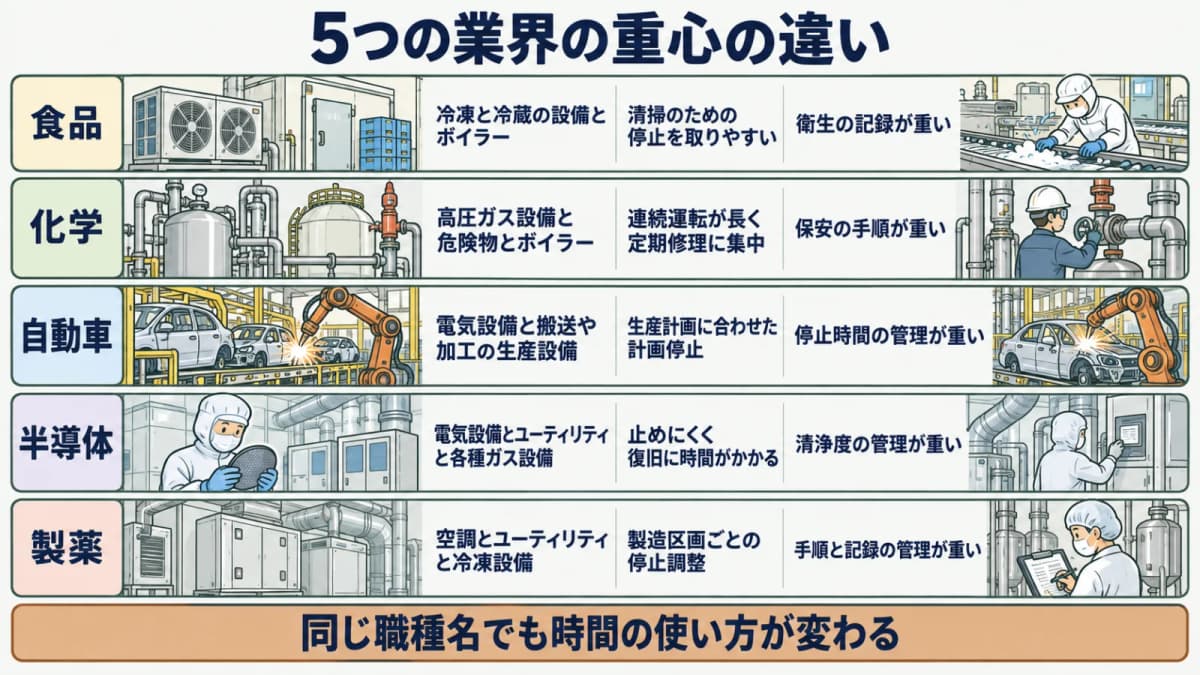 5業界の観点比較表を図解したもの。関係しやすい法令領域、生産の止め方、管理水準の重みを横並びで比較する