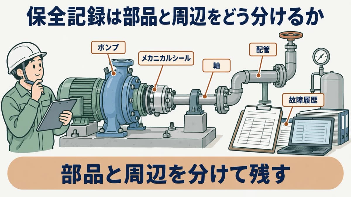 メカニカルシールの保全記録を示す図。ポンプ、メカニカルシール、軸、配管の状態を故障履歴に分けて残す構成