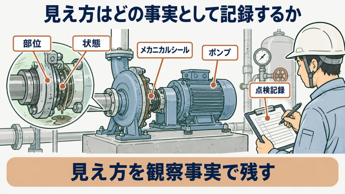 観察事実を示す図。メカニカルシールとポンプの見え方を点検記録に部位と状態で分ける構成