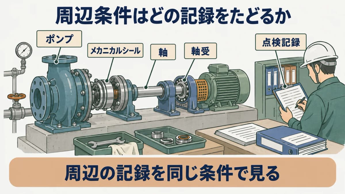 周辺条件の確認を示す図。ポンプ、メカニカルシール、軸、軸受の点検記録を同じ日付で結ぶ構成