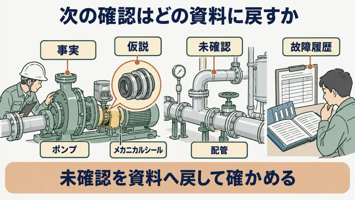 次の確認を示す図。ポンプ、メカニカルシール、配管の故障履歴を事実、仮説、未確認に分ける構成