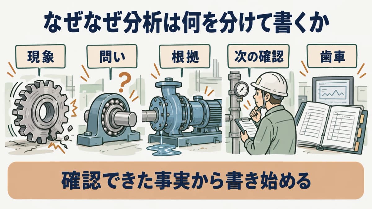 なぜなぜ分析の記録を示す図。歯車、軸受、ポンプの故障履歴を現象、問い、根拠、次の確認に分ける構成