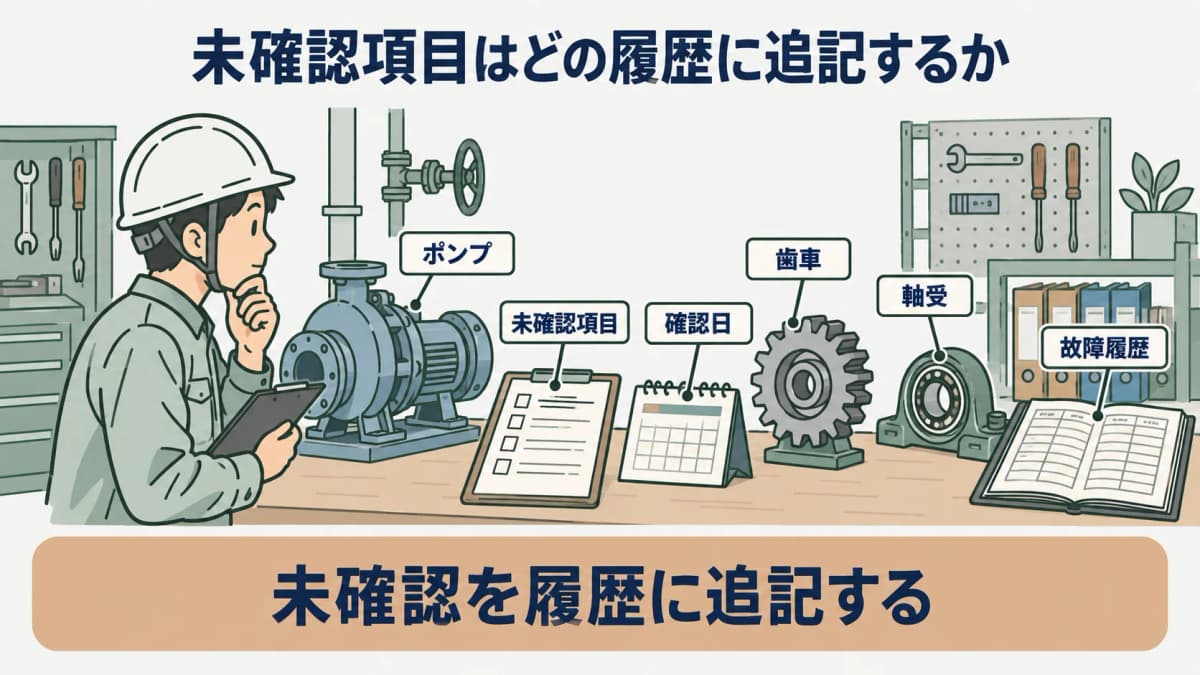 次の確認を示す図。ポンプ、歯車、軸受の故障履歴を未確認項目と確認日の追記に結ぶ構成