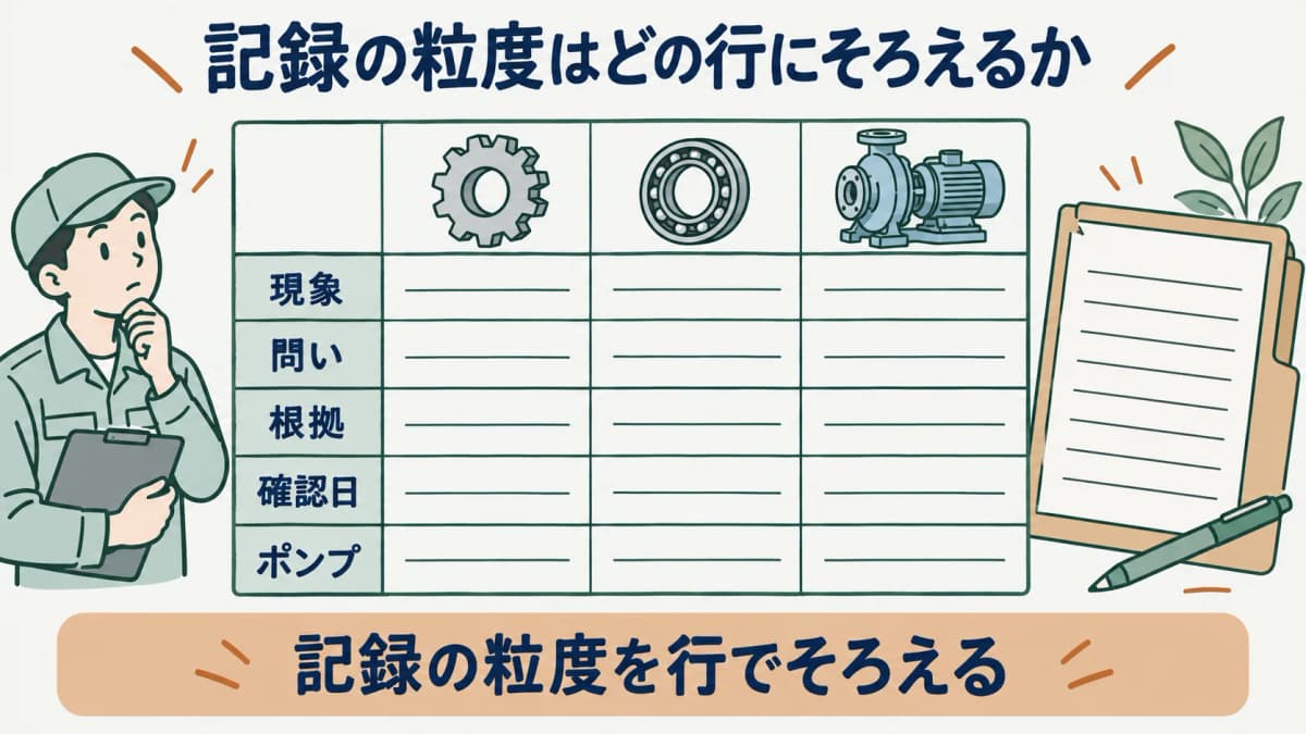 記録の粒度を示す図。歯車、軸受、ポンプの故障履歴を現象、問い、根拠、確認日の行にそろえる構成