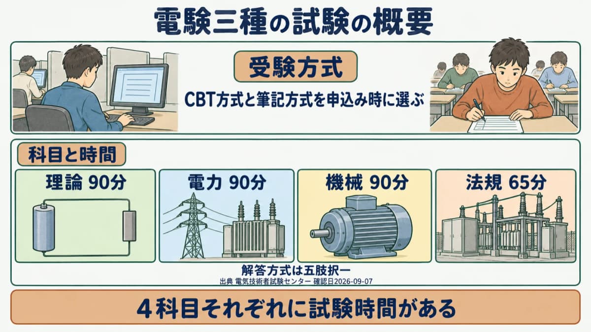 電験三種の試験概要図。CBT方式と筆記方式の選択、理論・電力・機械が90分で法規が65分という科目別の試験時間、五肢択一の解答方式を並べて示す