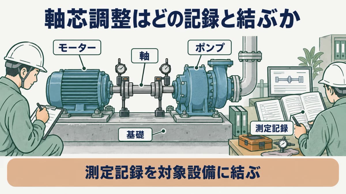 軸芯調整の記録を示す図。モーター、ポンプ、軸、基礎の測定記録を設備台帳とメーカー指定値に結ぶ構成