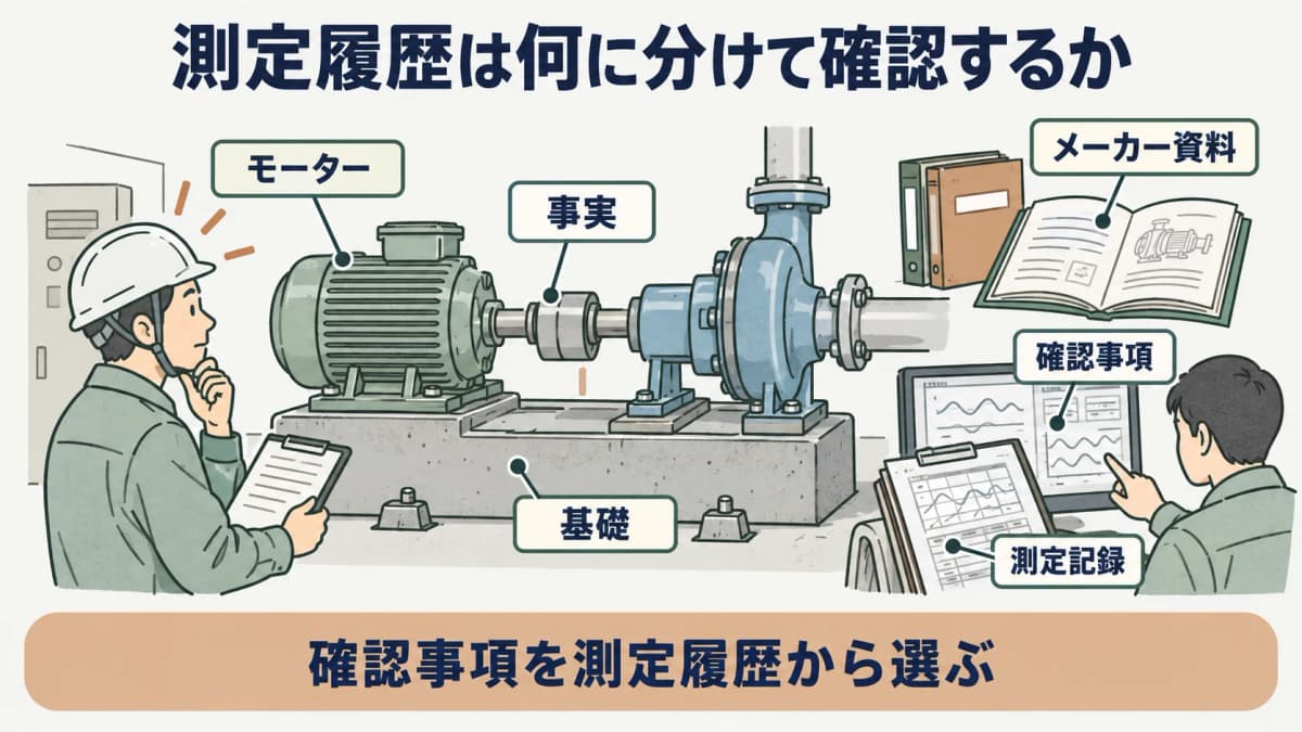 次の確認を示す図。モーター、ポンプ、軸、基礎の測定履歴を事実、確認事項、メーカー資料に分ける構成