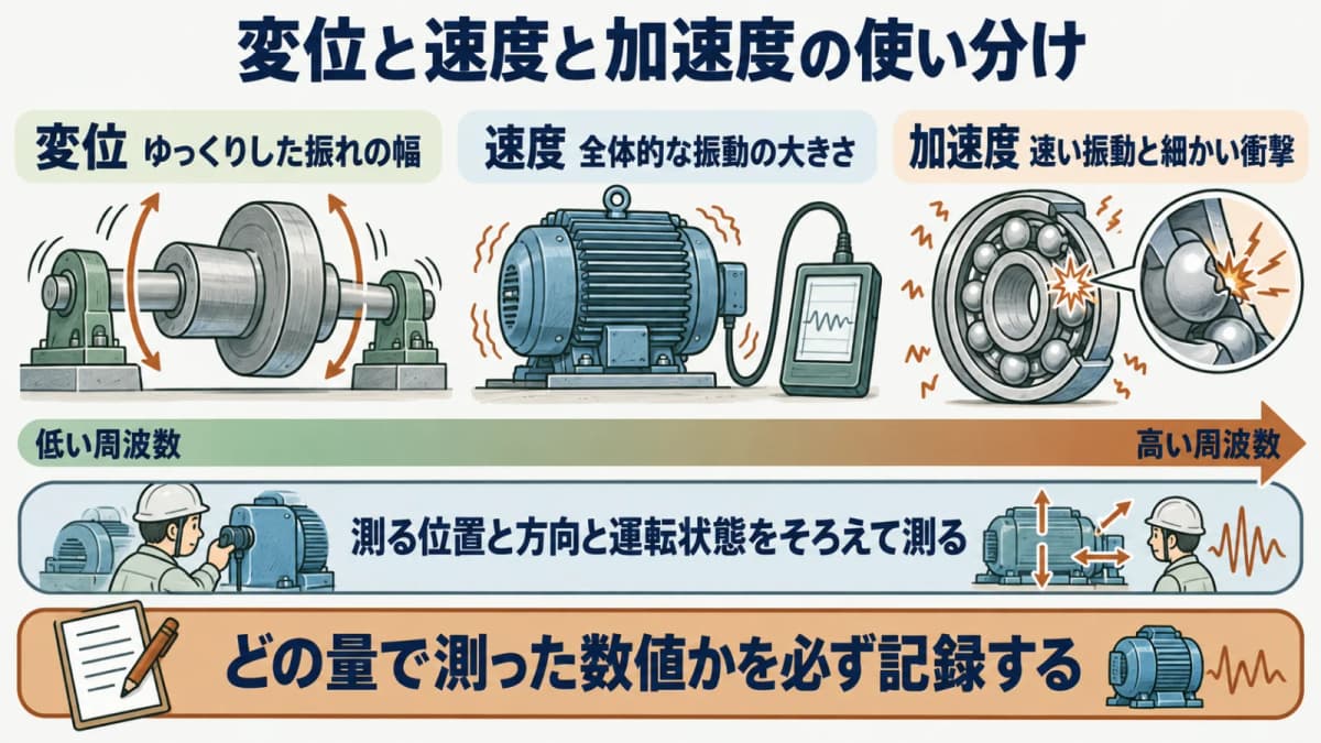 変位・速度・加速度の使い分けを示す図。低い周波数から高い周波数に向けて、それぞれの量が得意とする領域を帯で表す