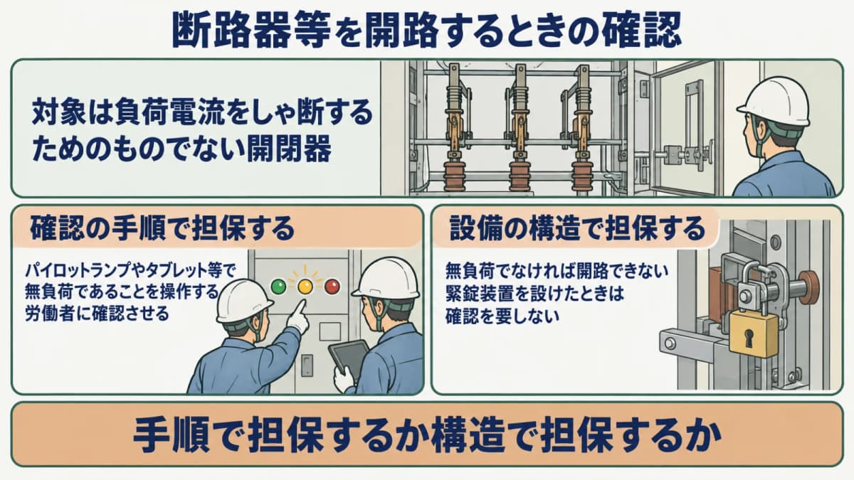 断路器等の開路の規定を示す図。無負荷確認の手段(パイロットランプ・タブレット)と、緊錠装置による代替を対比する