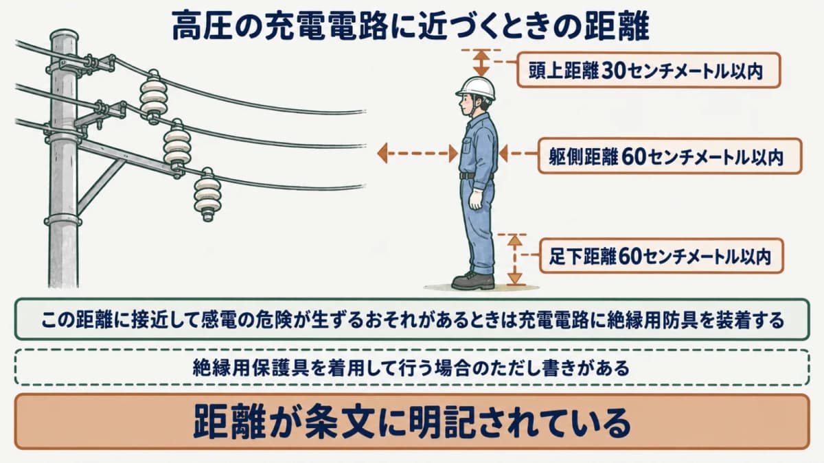 高圧活線近接作業の距離要件を示す図。頭上30センチメートル、躯側および足下60センチメートルの範囲を人体図で表す
