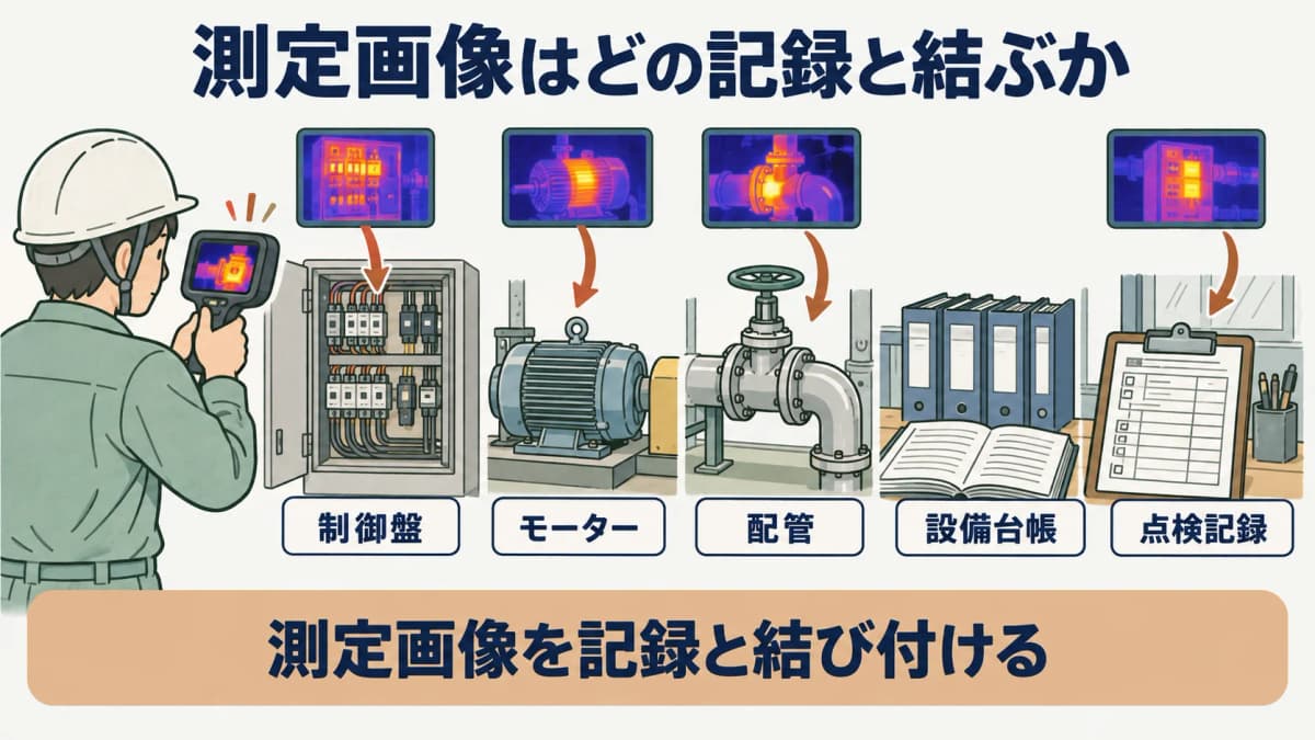 サーモグラフィの測定記録を示す図。制御盤、モーター、配管の画像を設備台帳と点検記録に結ぶ構成
