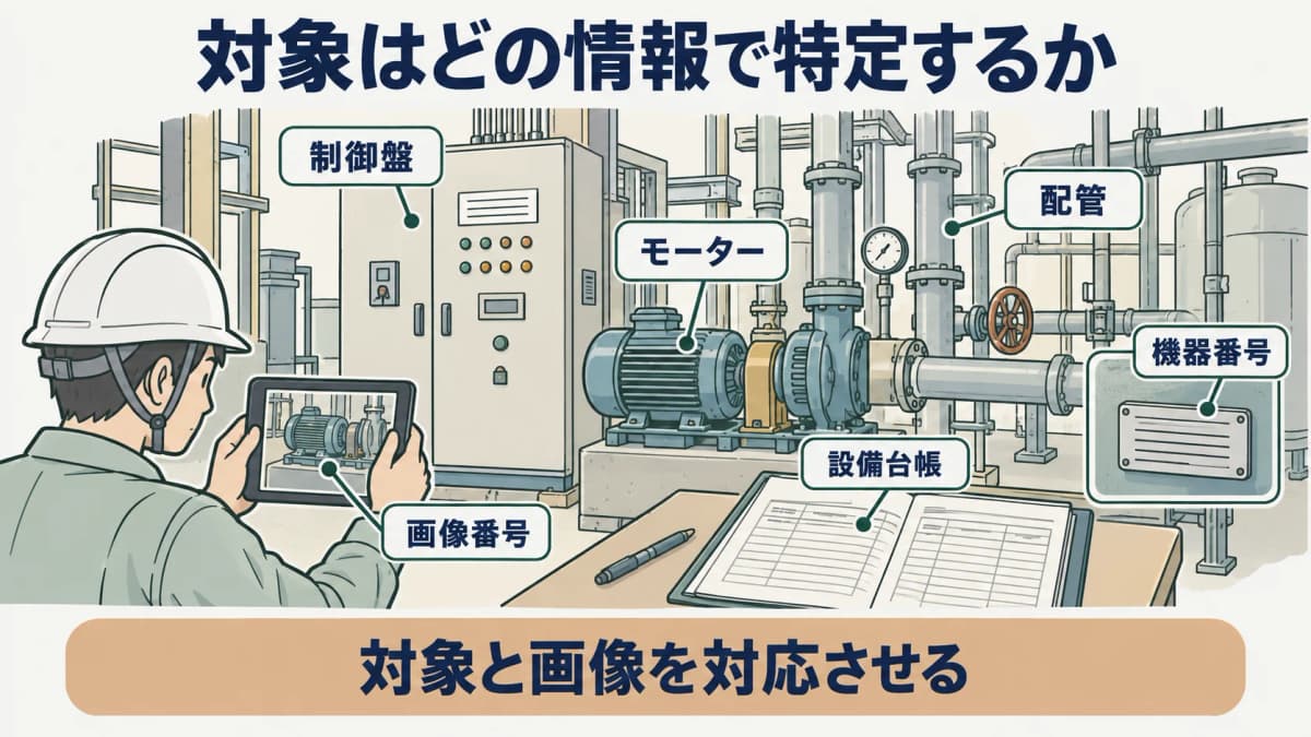 対象の特定を示す図。制御盤、モーター、配管を設備台帳の機器番号と画像番号に対応させる構成