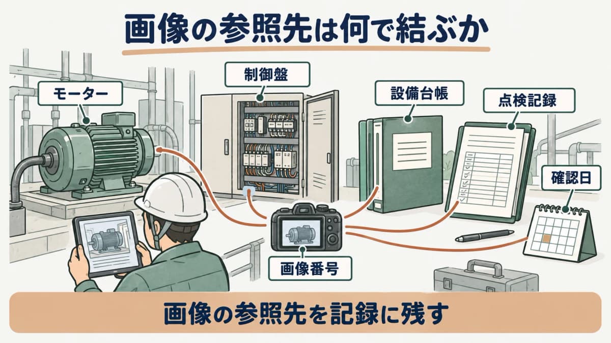 画像の参照先を示す図。モーター、制御盤、設備台帳の画像番号と点検記録の日付を結ぶ構成