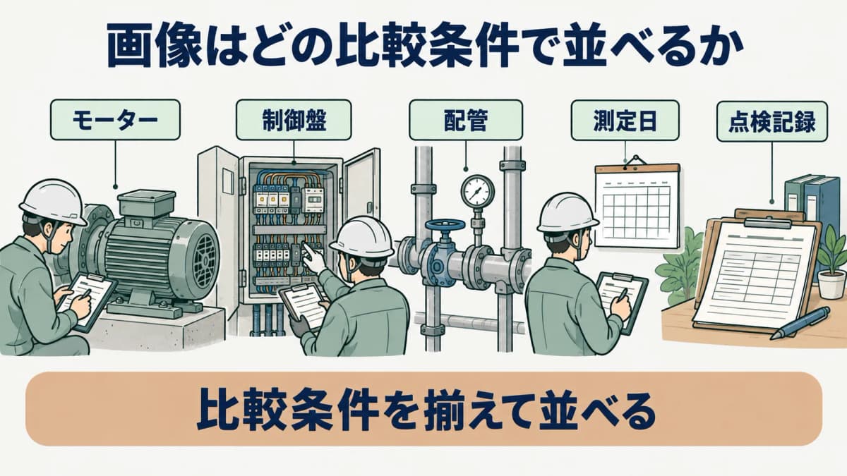 比較条件を示す図。モーター、制御盤、配管の画像を測定日と点検記録の列で並べる構成