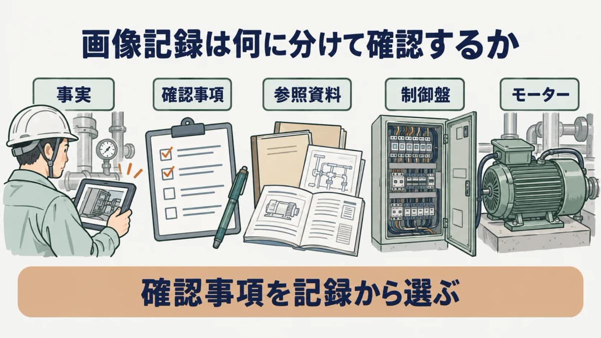次の確認を示す図。制御盤、モーター、配管の画像記録を事実、確認事項、参照資料に分ける構成